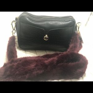 Black leather crossbody with fur strap